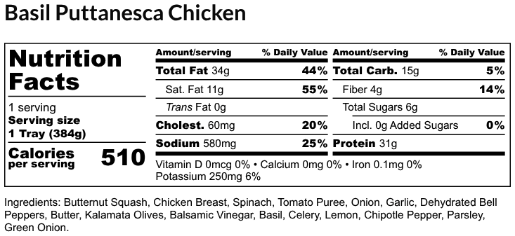 Nutritional Facts - Basil Puttanesca Chicken 6oz